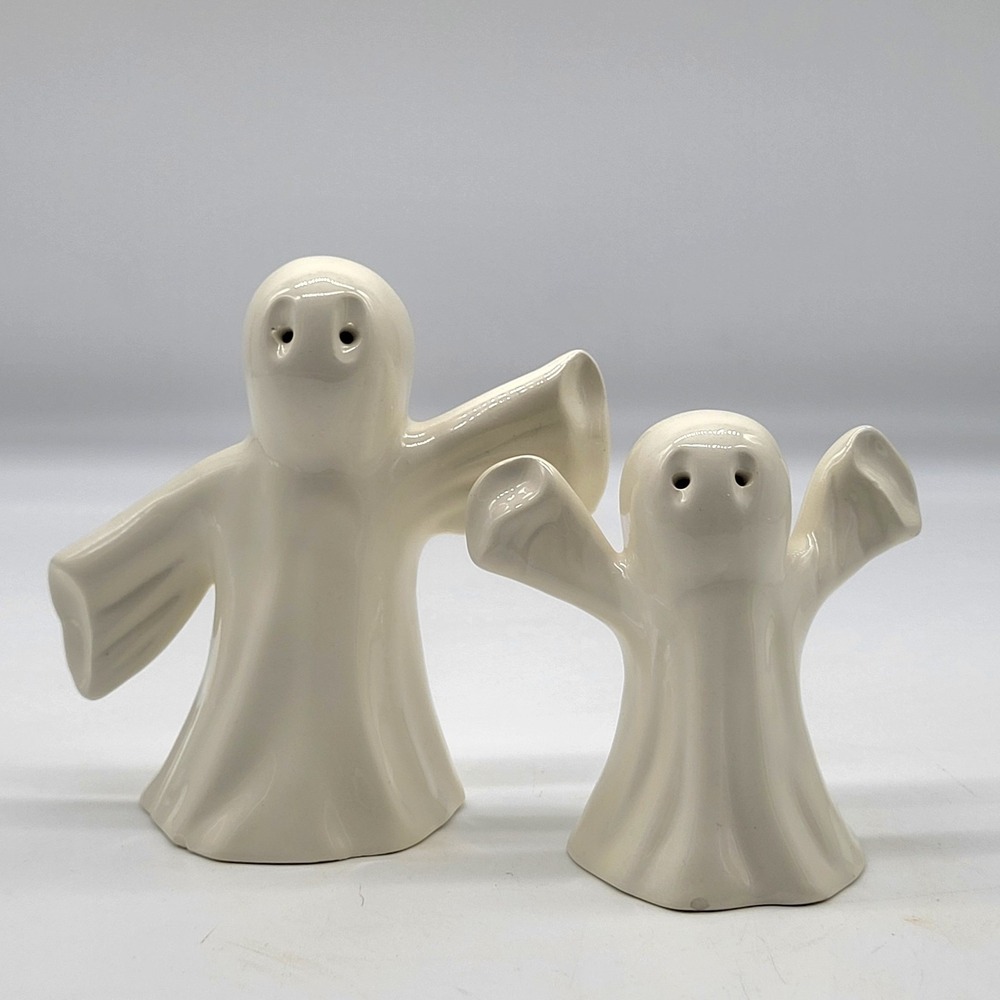 Vintage 2002 Halloween Ceramic Ghost Figurines Pair 4.5" & 3.5" Tall